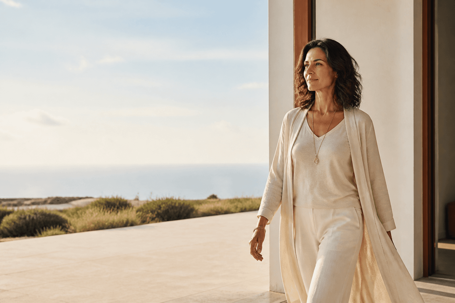 Mujer en terraza luminosa frente al mar: metáfora de claridad, deseo cumplido y avance personal.