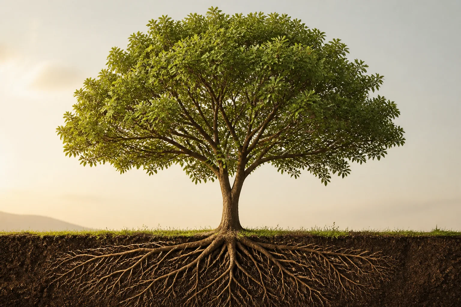 Árbol con raíces profundas bajo tierra: metáfora del Freno Invisible y del origen oculto de los patrones.