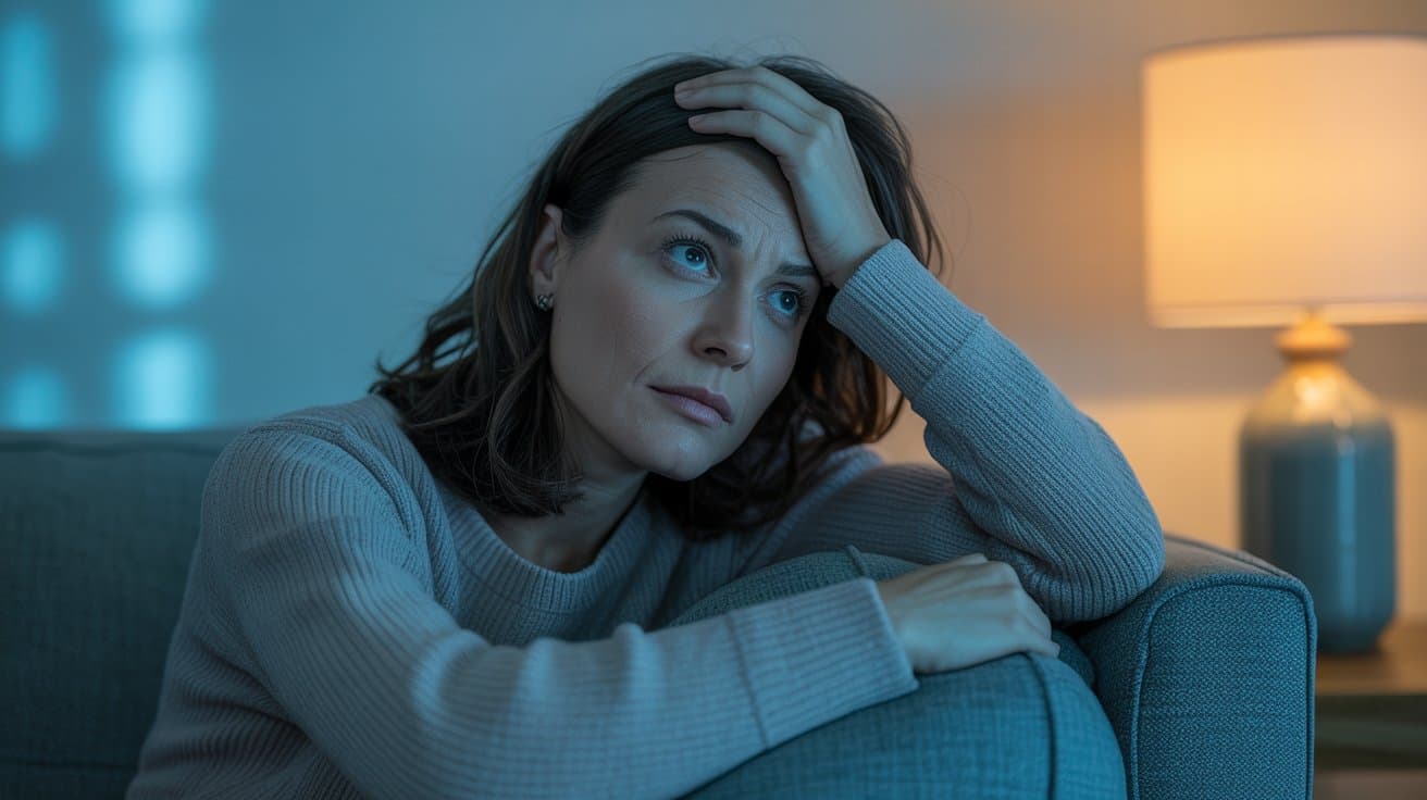 Person awake on the sofa at night: insomnia, active mind, difficulty switching off — linked to stress and repeating patterns.